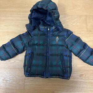 Polo by Ralph Lauren Kids Plaid Puffer Jacket - Blue and Green with polo bear